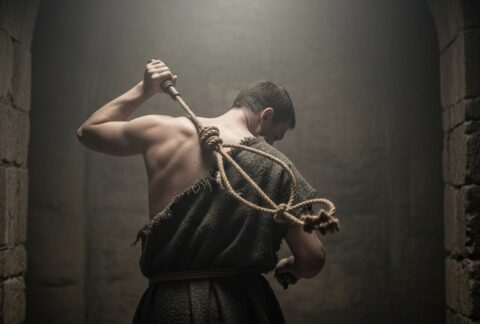 homem pagando penitência batendo em suas próprias costas com uma corda