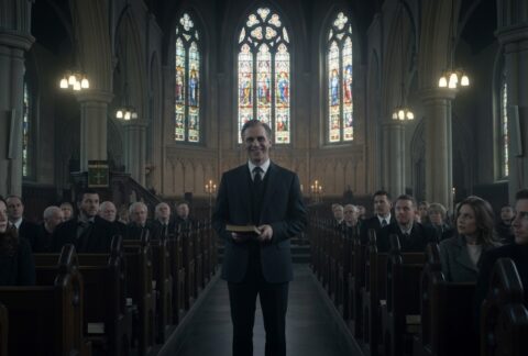 Um homem com sorriso malicioso no centro do corredor da igreja com todos olhando para ele