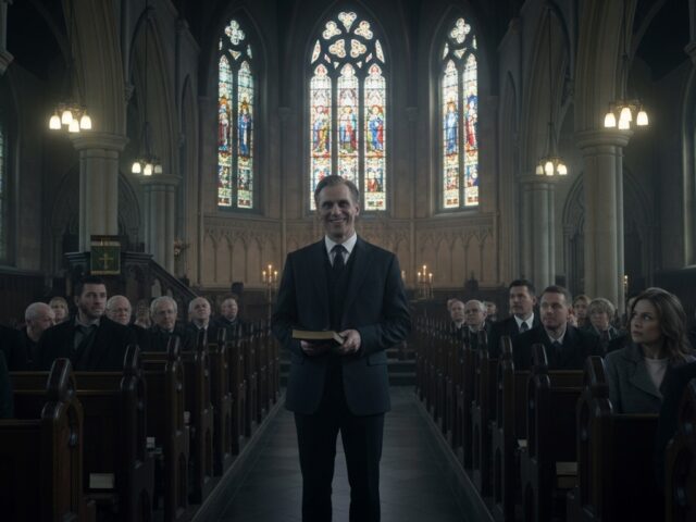 Um homem com sorriso malicioso no centro do corredor da igreja com todos olhando para ele